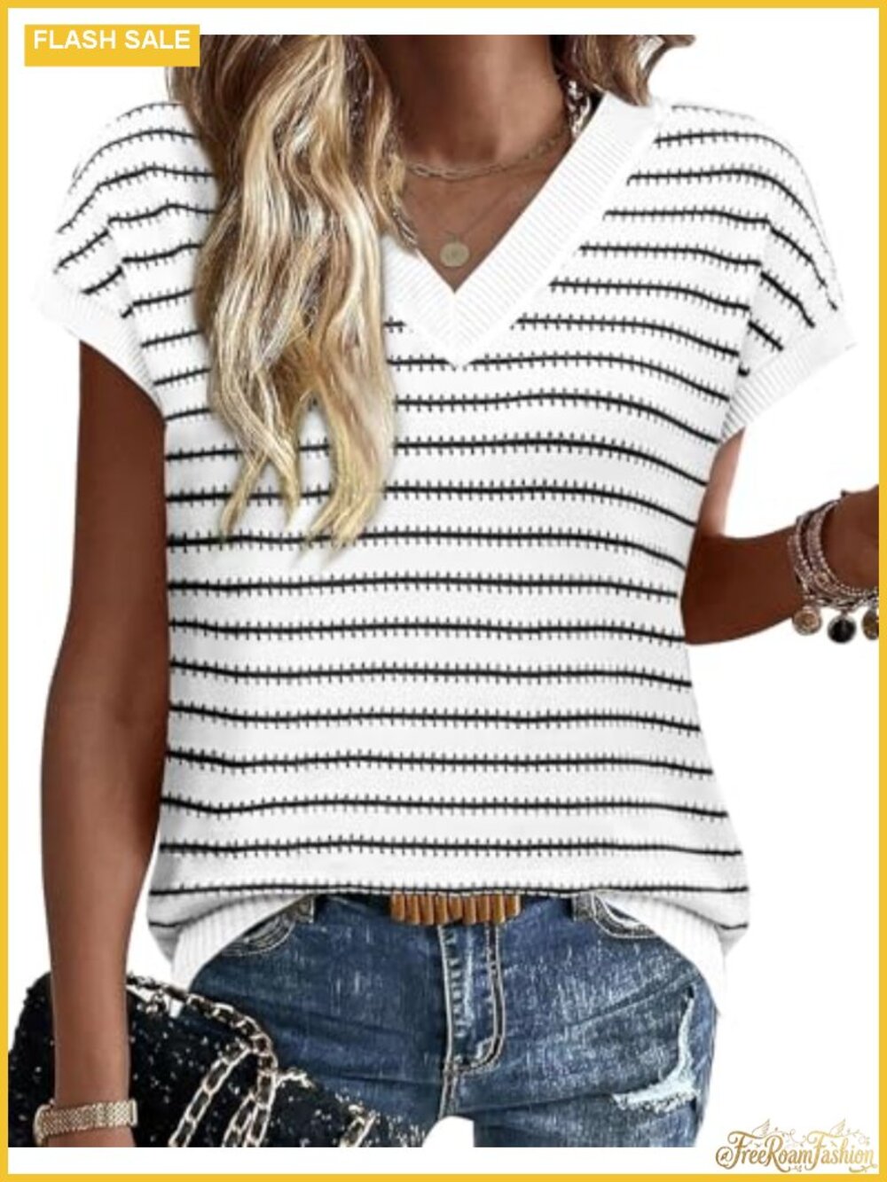 Womens Short Sleeve Sweater V Neck Striped Pullover Knit Top